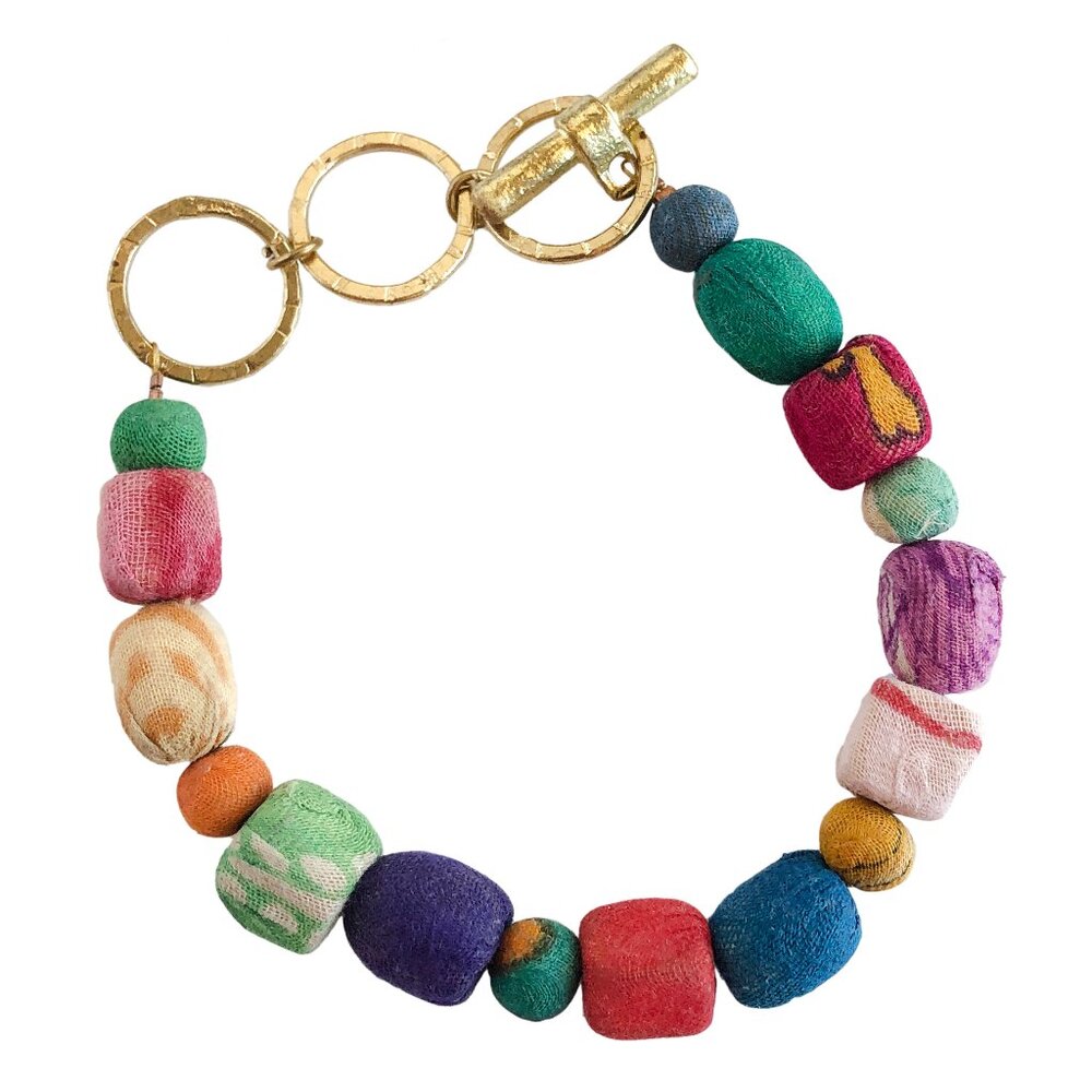 Fair Trade Bead Shapes Toggle Bracelet Upcycled Kantha Fabric Boho Handmade NWT